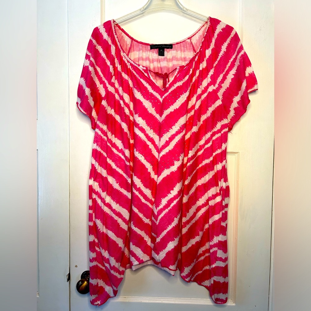 Pink and White Short Sleeve Tie Front Blouse